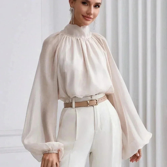 Apricot Casual Women's Solid Color Stand Collar Lantern Sleeve Shirt - Picture 5 of 5